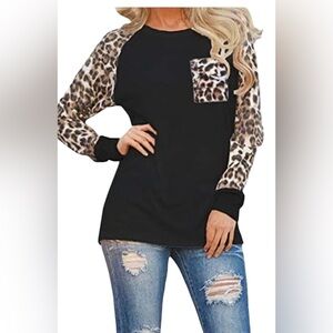 NWT OMSJ women’s 3XL fashionable black leopard print long sheer sleeve blouse